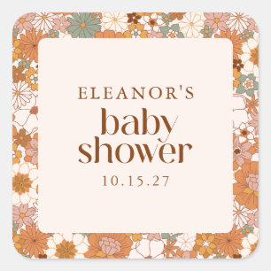 Personalised Retro Earthy Boho Floral Baby Shower Square Sticker