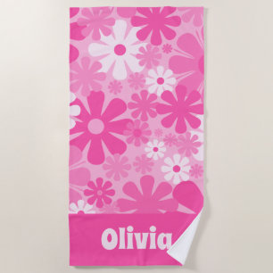 Personalised Retro Floral 60s 70s Y2K Hot Pink Beach Towel