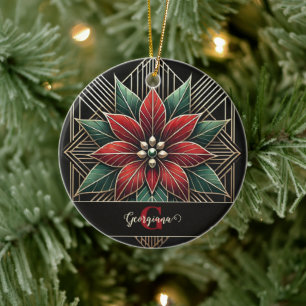 Personalised Retro Floral Art Deco Poinsettia Ceramic Ornament