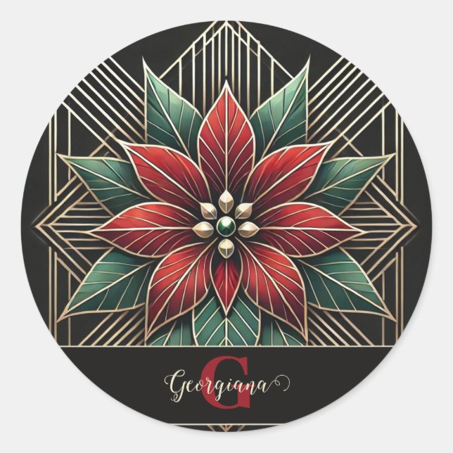 Personalised Retro Floral Art Deco Poinsettia Classic Round Sticker (Front)