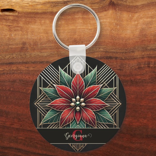 Personalised Retro Floral Art Deco Poinsettia Key Ring (Front)