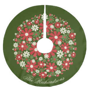 Personalised Retro Floral Christmas Flowers Brushed Polyester Tree Skirt