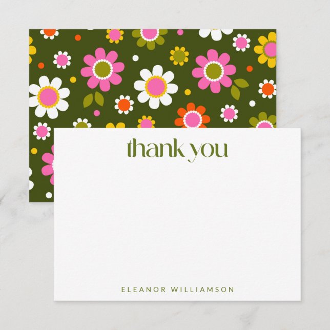 Personalised Retro Floral Playful Pink Green Bold Thank You Card (Front/Back)