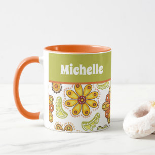 Personalised Retro Flower Orange Green Mug