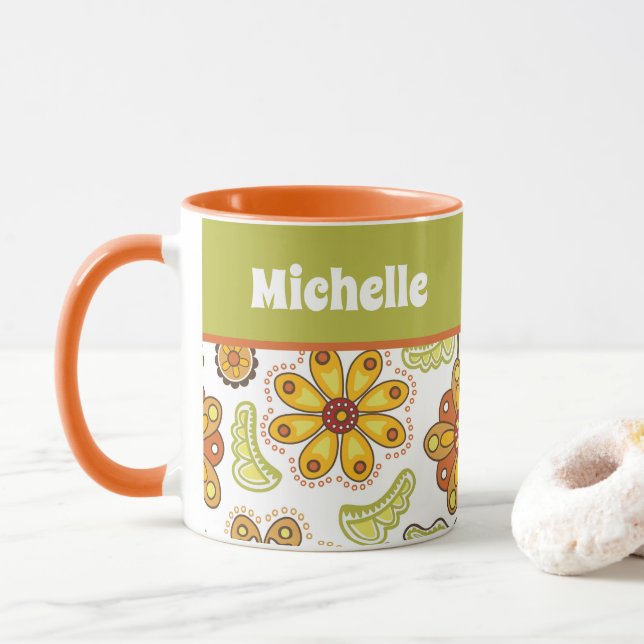 Personalised Retro Flower Orange Green Mug (With Donut)
