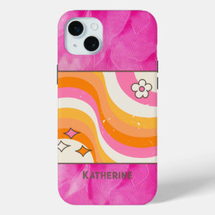 Personalised Retro Hot Pink & Orange iPhone 15 Mini Case