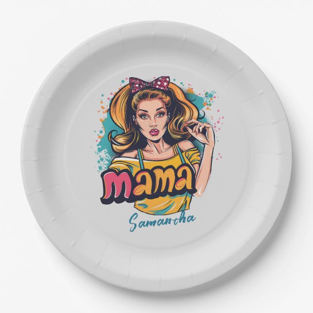 Personalised Retro  Mama Pop Art (10) Paper Plate (Front)
