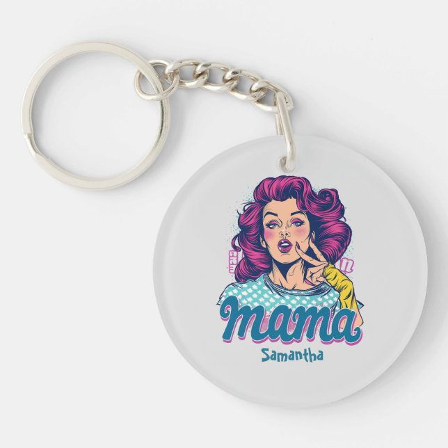 Personalised Retro  Mama Pop Art (11) Key Ring (Front)