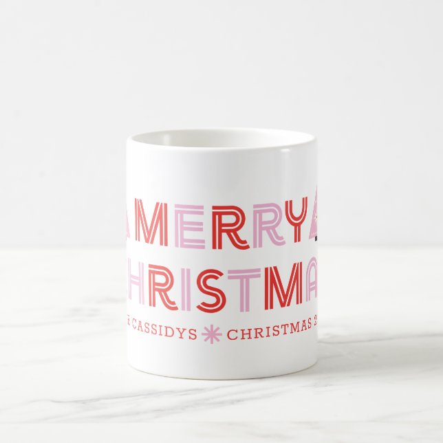 Personalised Retro Merry Christmas Tree Pink & Red Coffee Mug (Center)