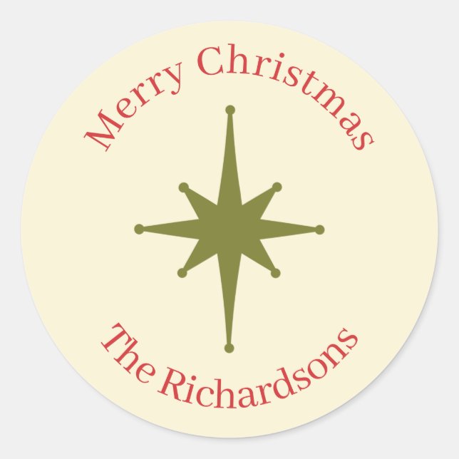 Personalised Retro Midcentury Christmas Red Green  Classic Round Sticker (Front)