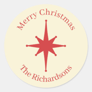 Personalised Retro Midcentury Christmas Red Star Classic Round Sticker