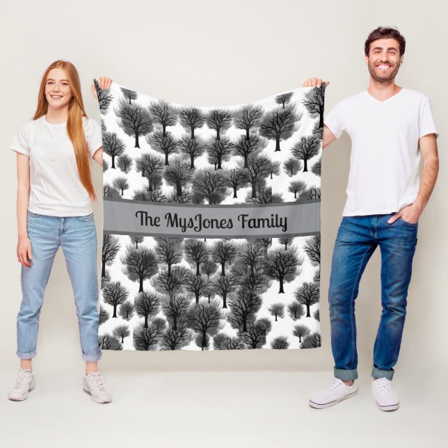 Personalised Retro Minimalist Black Holiday Trees Fleece Blanket (In Situ)