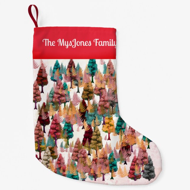 Personalised Retro Minimalist Colours Trees  Small Christmas Stocking (Front)