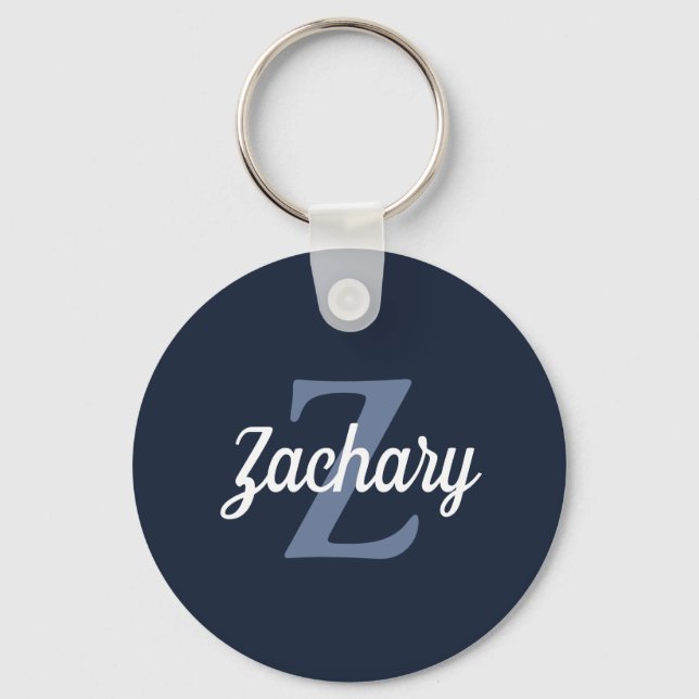Personalised Retro Monogram Navy Blue White Key Ring (Front)