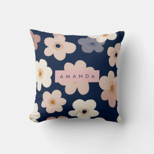 Personalised Retro Navy Blue Floral Blooms Cushion