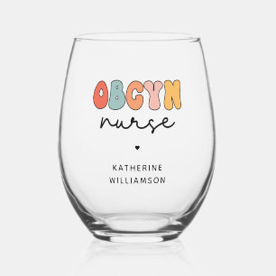 Personalised Retro OBGYN Nurse Stemless Wine Glass