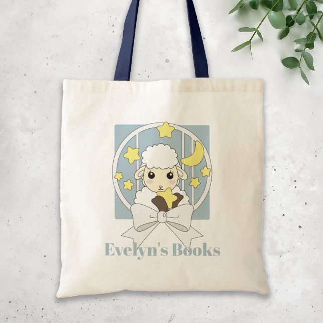 Personalised Retro Pastel Blue Cute Cartoon Lamb Tote Bag (Creator Uploaded)