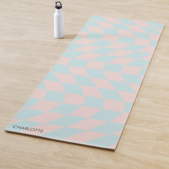 Personalised Retro Pastel Wavy Chequered Yoga Mat (In Situ)