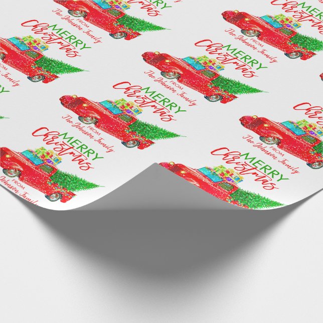 Personalised Retro Pick-up Truck Christmas Tree Wrapping Paper (Corner)