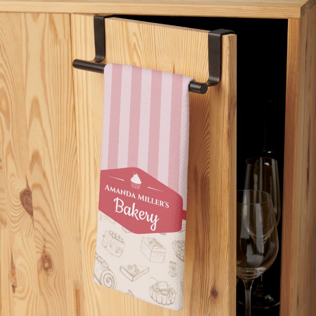 Personalised Retro Pink Stripes Bakery Kitchen Tow Tea Towel (Thirds Fold)