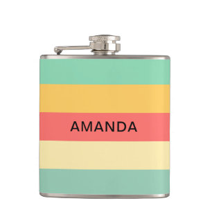 Personalised Retro Pink Yellow Green Blue Stripes Hip Flask