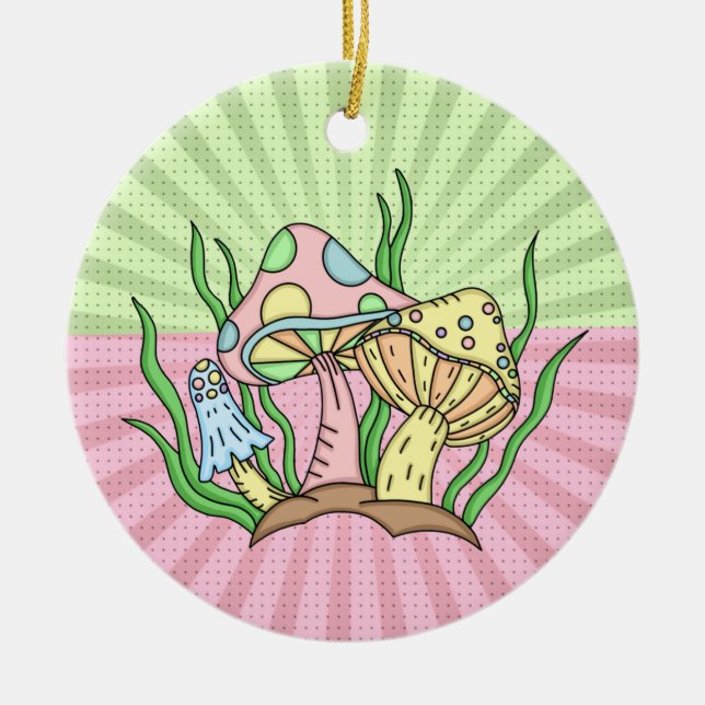 Personalised Retro Pop Art Mushroom Christmas Ceramic Ornament (Front)