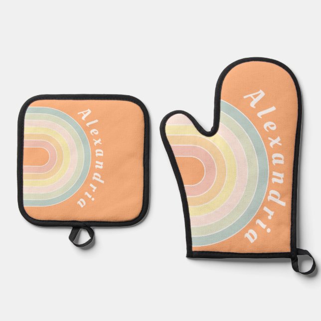 Personalised Retro Rainbow Pastel Oven Mitt & Pot Holder Set (Front)