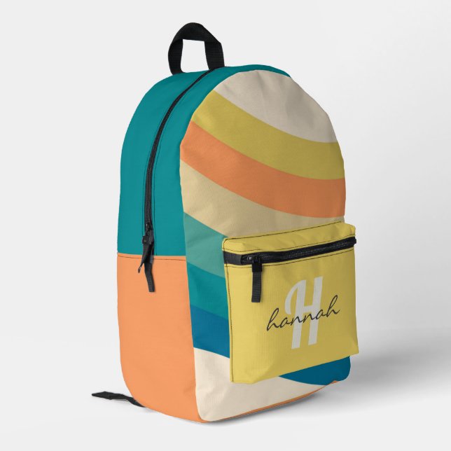 Personalised Retro Rainbow Stripes Monogram Printed Backpack (Back Corner Left)