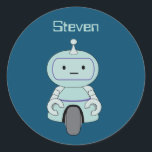 Personalised Retro Robot Illustration Classic Round Sticker<br><div class="desc">Personalise with your name or other text. Cute and friendly robot. This adorable little robot dude has an antenna on top of his head and a handy wheel at the bottom for moving around. His arms have grabby little clamps for grasping at things and has a typical robotic expressionless face....</div>