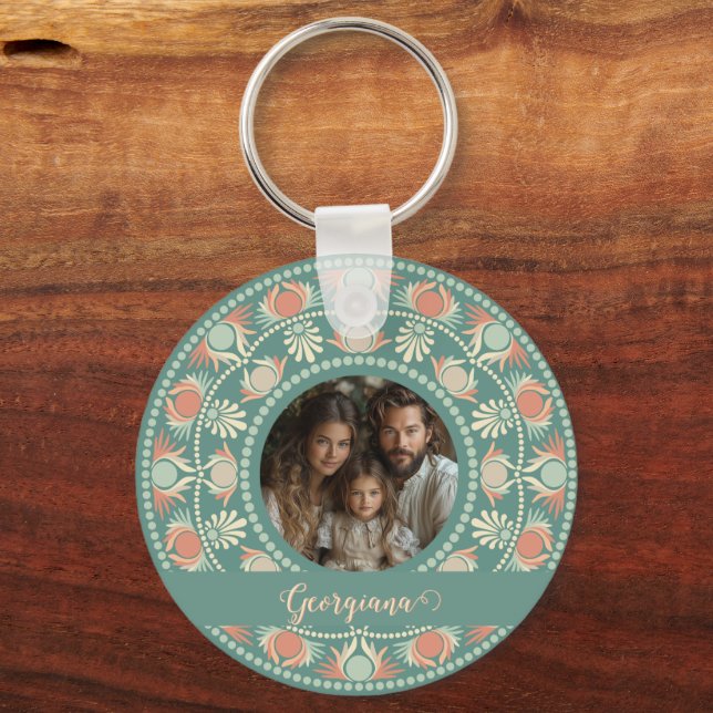 Personalised Retro Sage & Sand Mandala Photo Frame Key Ring (Front)