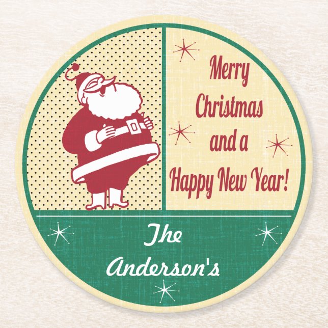 Personalised Retro Santa Christmas Round Paper Coaster (Front)