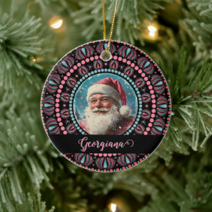 Personalised Retro Santa Pinkmas Floral Mandala Ceramic Ornament