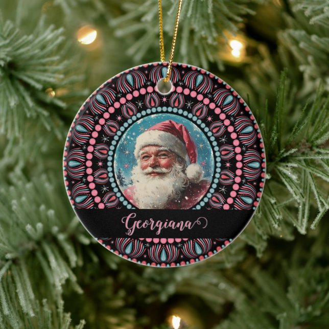 Personalised Retro Santa Pinkmas Floral Mandala Ceramic Ornament (Tree)