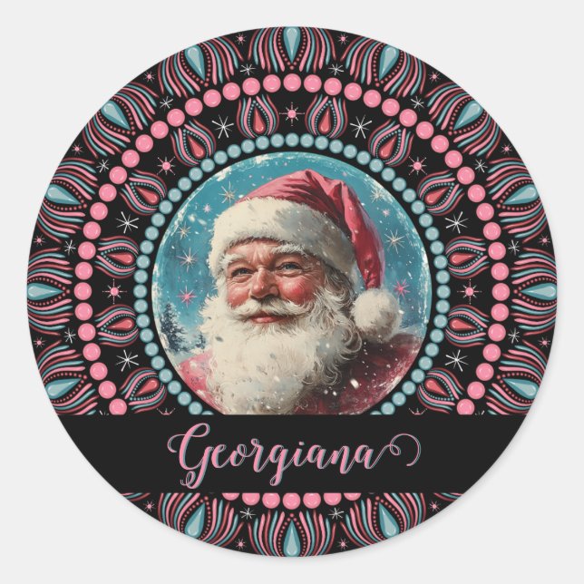Personalised Retro Santa Pinkmas Floral Mandala Cl Classic Round Sticker (Front)