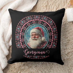 Personalised Retro Santa Pinkmas Floral Mandala Cushion