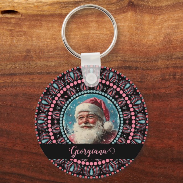 Personalised Retro Santa Pinkmas Floral Mandala Key Ring (Front)