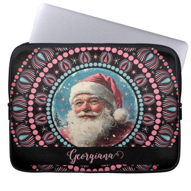Personalised Retro Santa Pinkmas Floral Mandala Laptop Sleeve (Front)