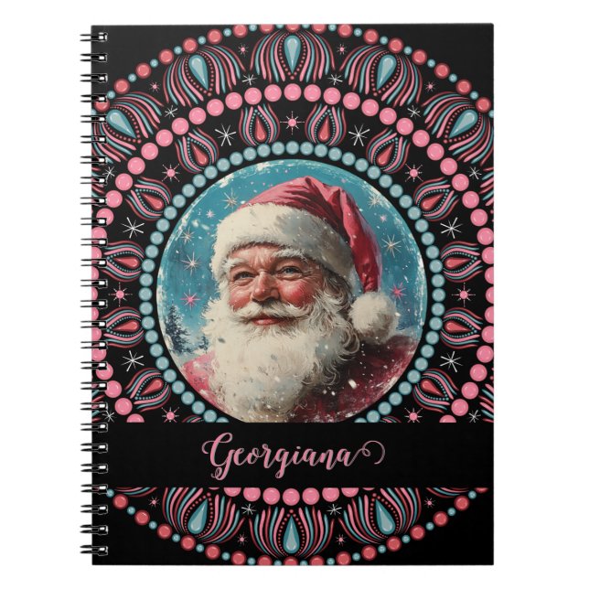 Personalised Retro Santa Pinkmas Floral Mandala Notebook (Front)