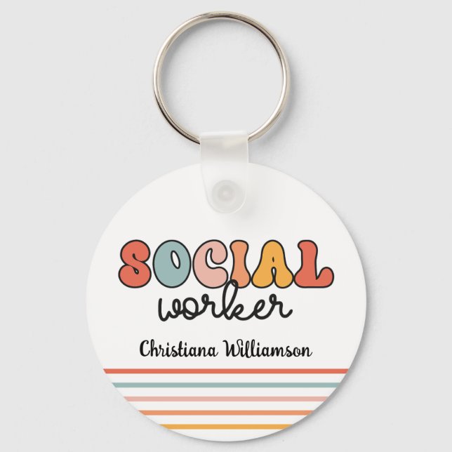 Personalised Retro Social Worker Key Ring (Front)