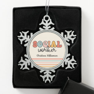 Personalised Retro Social Worker Snowflake Pewter Christmas Ornament