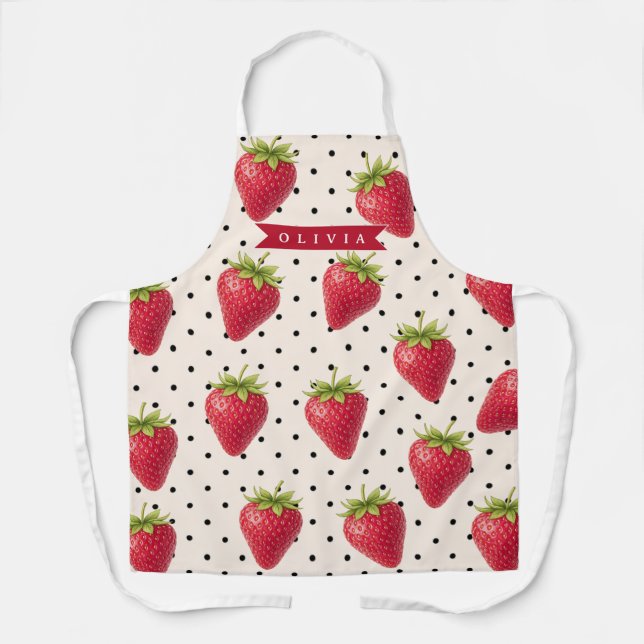 Personalised Retro Strawberry Polka Dot Vintage Apron (Front)