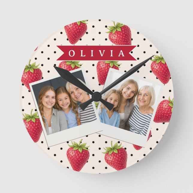 Personalised Retro Strawberry Polka Dot Vintage Round Clock (Front)
