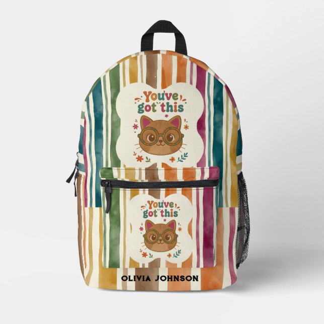Personalised Retro Striped Cat Backpack (Front)