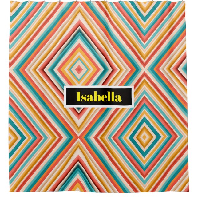 Personalised Retro Striped Shower Curtain (Front)