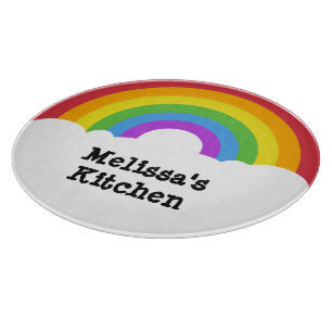 Personalised Retro Style Round Rainbow and Clouds Cutting Board