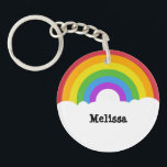 Personalised Retro Style Round Rainbow and Clouds Key Ring<br><div class="desc">Add a name or other message to create your own custom keychain. This round keychain features a retro style illustration of a rainbow in bright colours with white clouds below. Your text appears in bold black lettering in the white clouds.</div>