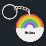 Personalised Retro Style Round Rainbow and Clouds Key Ring<br><div class="desc">Add a name or other message to create your own custom keychain. This round keychain features a retro style illustration of a rainbow in bright colours with white clouds below. Your text appears in bold black lettering in the white clouds.</div>