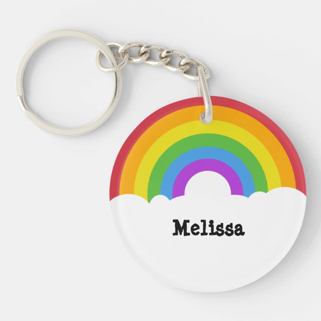 Personalised Retro Style Round Rainbow and Clouds Key Ring (Front)