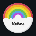 Personalised Retro Style Round Rainbow Magnet<br><div class="desc">Brighten up your refrigerator with this round magnet that's ready to be personalised with a name or other text. This circle shaped magnet has a retro style rainbow and clouds illustration in bold,  bright colours. Your name appears in black lettering in the white clouds.</div>