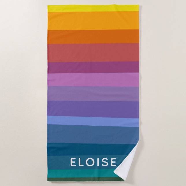 Personalised Retro Sunset Gradient Striped Rainbow Beach Towel (Front)